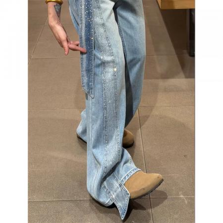 夏季新款高个子蝴蝶结烫钻美式高街牛仔裤女口袋刺绣窄版阔腿 服裝批發女裝批發服飾貨源