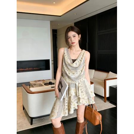 小众设计感挂脖荡领收腰修身连衣裙女飘逸不规则裙摆度假风短裙 服裝批發女裝批發服飾貨源