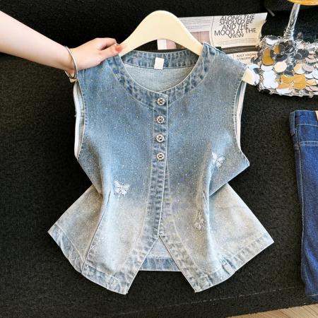 复古做旧闪钻蝴蝶牛仔马甲女春夏款圆领无袖叠穿背心外套 服裝批發女裝批發服飾貨源