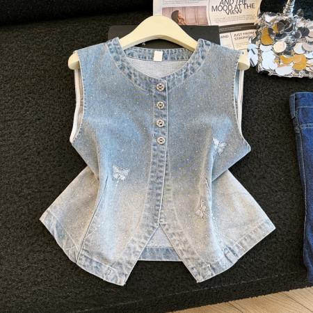 复古做旧闪钻蝴蝶牛仔马甲女春夏款圆领无袖叠穿背心外套 服裝批發女裝批發服飾貨源