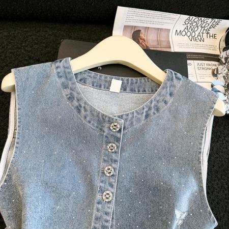 复古做旧闪钻蝴蝶牛仔马甲女春夏款圆领无袖叠穿背心外套 服裝批發女裝批發服飾貨源