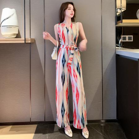 夏季新款印花高腰显瘦系腰带连体裤韩版气质阔腿裤 服裝批發女裝批發服飾貨源