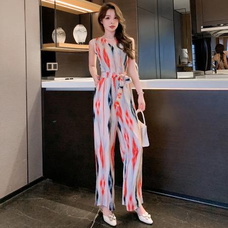 夏季新款印花高腰显瘦系腰带连体裤韩版气质阔腿裤 服裝批發女裝批發服飾貨源
