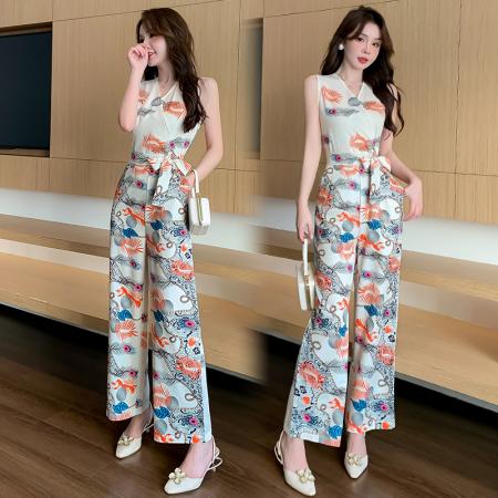 连体裤夏新款印花时尚洋气无袖收腰显瘦垂感阔腿裤 服裝批發女裝批發服飾貨源