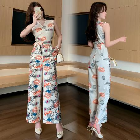 连体裤夏新款印花时尚洋气无袖收腰显瘦垂感阔腿裤 服裝批發女裝批發服飾貨源