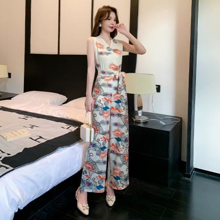 连体裤夏新款印花时尚洋气无袖收腰显瘦垂感阔腿裤 服裝批發女裝批發服飾貨源
