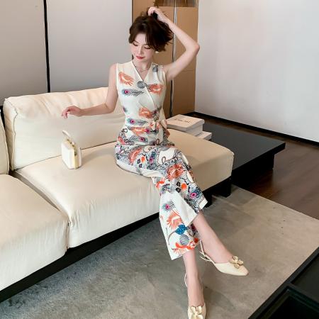 连体裤夏新款印花时尚洋气无袖收腰显瘦垂感阔腿裤 服裝批發女裝批發服飾貨源