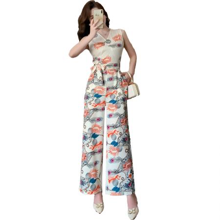 连体裤夏新款印花时尚洋气无袖收腰显瘦垂感阔腿裤 服裝批發女裝批發服飾貨源