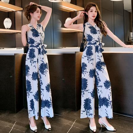 夏季新款印花高腰显瘦系腰带连体裤韩版气质阔腿裤 服裝批發女裝批發服飾貨源