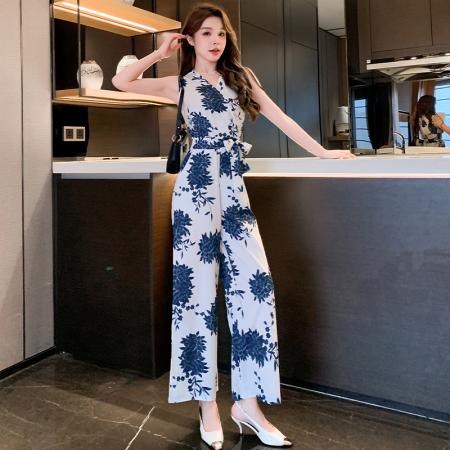 夏季新款印花高腰显瘦系腰带连体裤韩版气质阔腿裤 服裝批發女裝批發服飾貨源