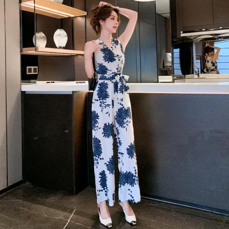 夏季新款印花高腰显瘦系腰带连体裤韩版气质阔腿裤 服裝批發女裝批發服飾貨源