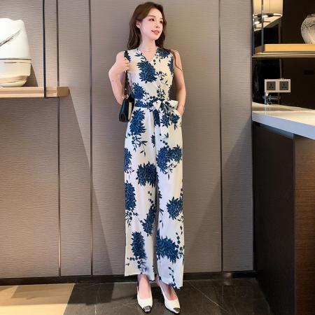 夏季新款印花高腰显瘦系腰带连体裤韩版气质阔腿裤 服裝批發女裝批發服飾貨源