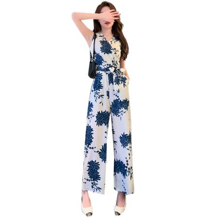 夏季新款印花高腰显瘦系腰带连体裤韩版气质阔腿裤 服裝批發女裝批發服飾貨源