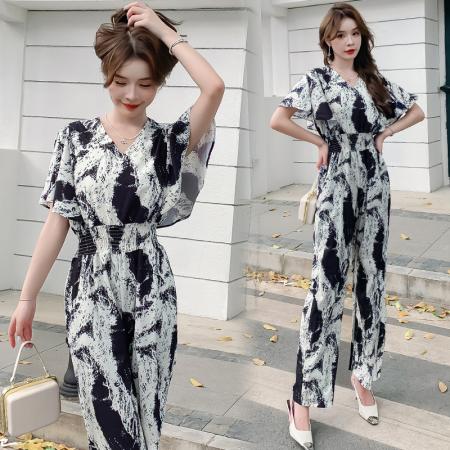 连体裤夏季水墨复古印花短袖v领薄款气质收腰显瘦连衣阔腿裤 服裝批發女裝批發服飾貨源