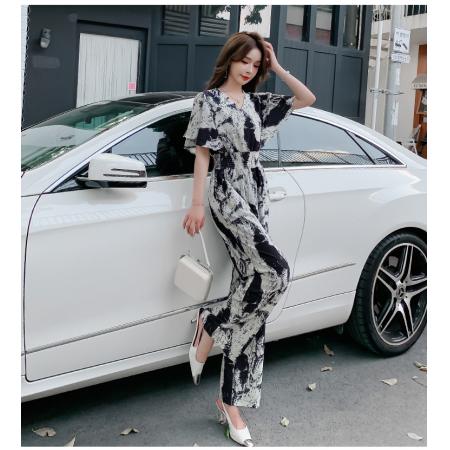 连体裤夏季水墨复古印花短袖v领薄款气质收腰显瘦连衣阔腿裤 服裝批發女裝批發服飾貨源