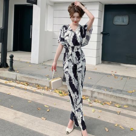 连体裤夏季水墨复古印花短袖v领薄款气质收腰显瘦连衣阔腿裤 服裝批發女裝批發服飾貨源