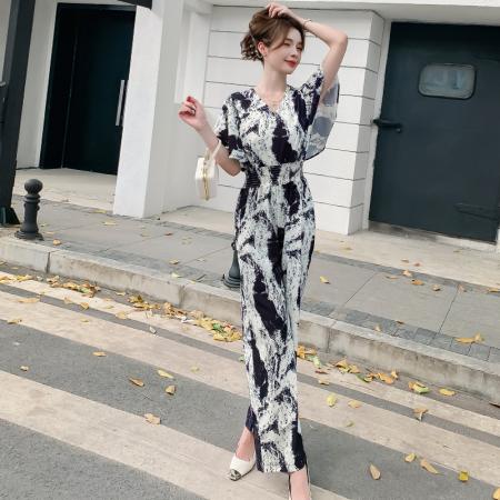 连体裤夏季水墨复古印花短袖v领薄款气质收腰显瘦连衣阔腿裤 服裝批發女裝批發服飾貨源