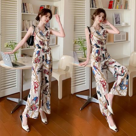 连体裤夏季新款印花时尚洋气无袖收腰显瘦垂感轻熟阔腿裤 服裝批發女裝批發服飾貨源