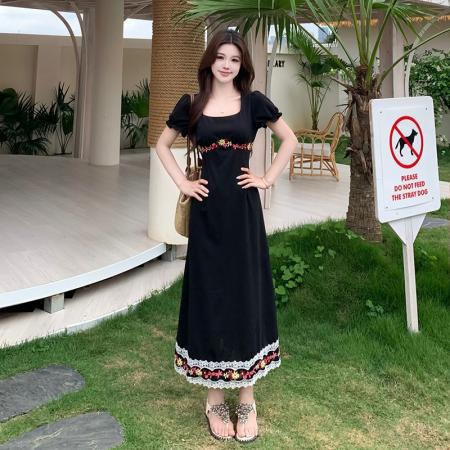 大码法式黑色方领连衣裙子夏新款蕾丝边气质显瘦长裙 服裝批發女裝批發服飾貨源