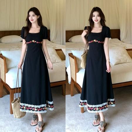 大码法式黑色方领连衣裙子夏新款蕾丝边气质显瘦长裙 服裝批發女裝批發服飾貨源