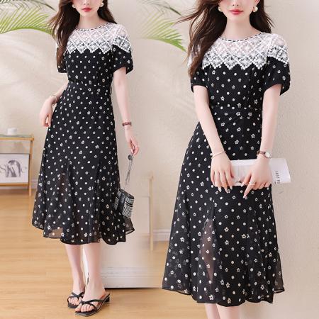 夏季爆款蕾丝碎花连衣裙短袖时尚...