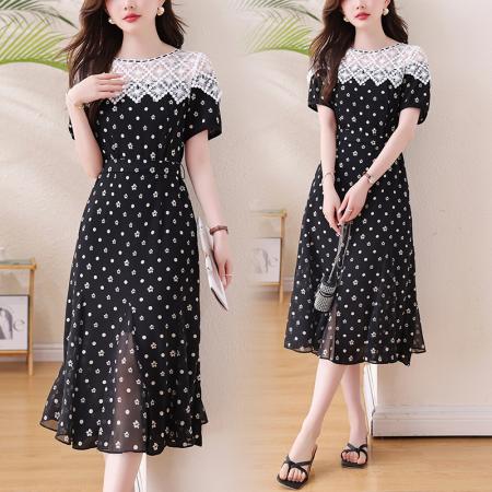 夏季爆款蕾丝碎花连衣裙短袖时尚修身显瘦优雅气质中长款 服裝批發女裝批發服飾貨源