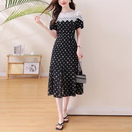 夏季爆款蕾丝碎花连衣裙短袖时尚修身显瘦优雅气质中长款 服裝批發女裝批發服飾貨源