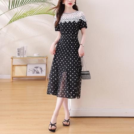 夏季爆款蕾丝碎花连衣裙短袖时尚修身显瘦优雅气质中长款 服裝批發女裝批發服飾貨源