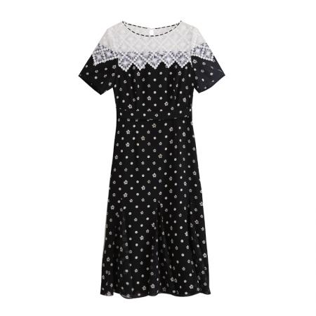 夏季爆款蕾丝碎花连衣裙短袖时尚修身显瘦优雅气质中长款 服裝批發女裝批發服飾貨源