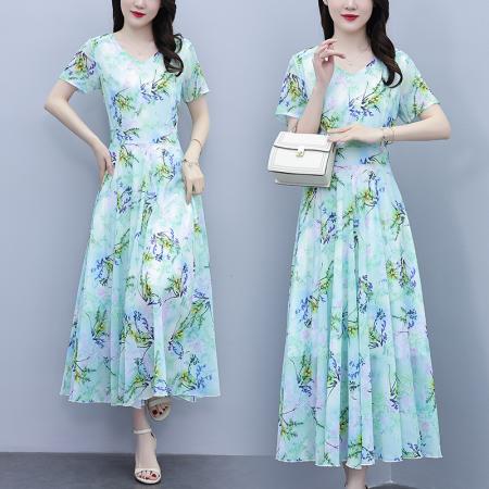 时尚气质短袖连衣裙夏季新款简约遮肚洋气显瘦中长款裙子 服裝批發女裝批發服飾貨源