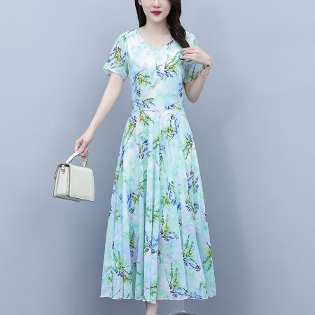 时尚气质短袖连衣裙夏季新款简约遮肚洋气显瘦中长款裙子 服裝批發女裝批發服飾貨源