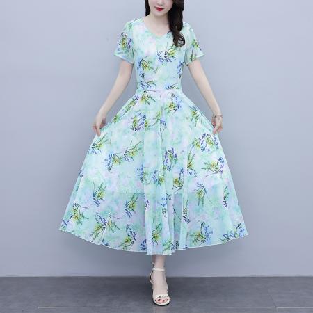 时尚气质短袖连衣裙夏季新款简约遮肚洋气显瘦中长款裙子 服裝批發女裝批發服飾貨源