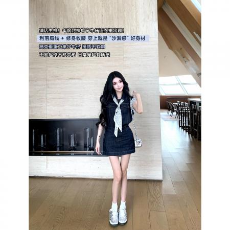 BarbChill单宁序章无袖牛仔连衣裙女夏季复古通勤a字短裙 服裝批發女裝批發服飾貨源