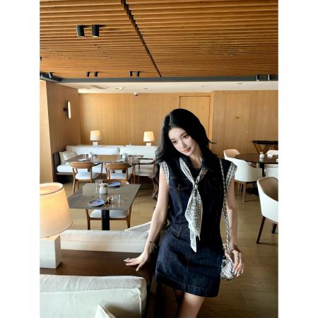 BarbChill单宁序章无袖牛仔连衣裙女夏季复古通勤a字短裙 服裝批發女裝批發服飾貨源