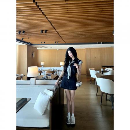 BarbChill单宁序章无袖牛仔连衣裙女夏季复古通勤a字短裙 服裝批發女裝批發服飾貨源