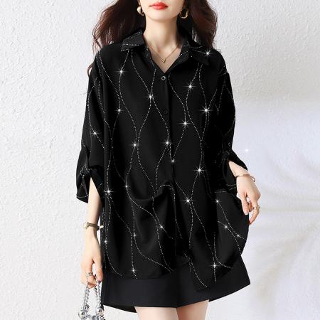 夏季新款胖MM宽松大码重工烫钻上衣时尚显瘦衬衫 服裝批發女裝批發服飾貨源