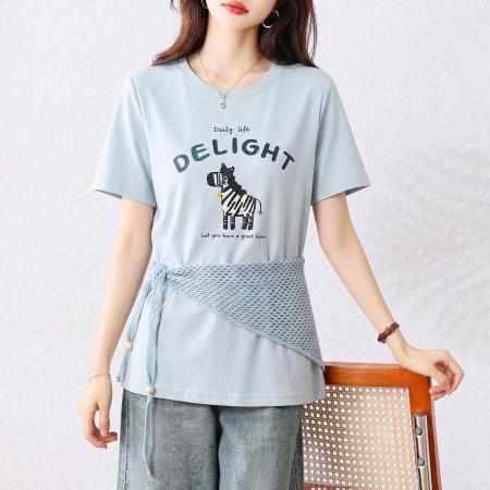 夏季新款韩版宽松百搭圆领小马印花配围脖竹节棉透气T恤上衣 服裝批發女裝批發服飾貨源