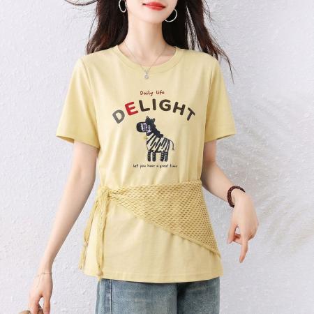 夏季新款韩版宽松百搭圆领小马印花配围脖竹节棉透气T恤上衣 服裝批發女裝批發服飾貨源