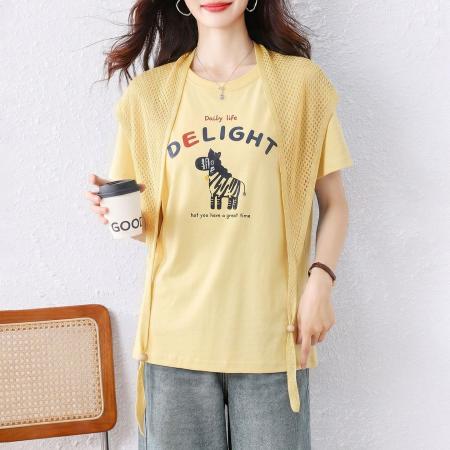 夏季新款韩版宽松百搭圆领小马印花配围脖竹节棉透气T恤上衣 服裝批發女裝批發服飾貨源