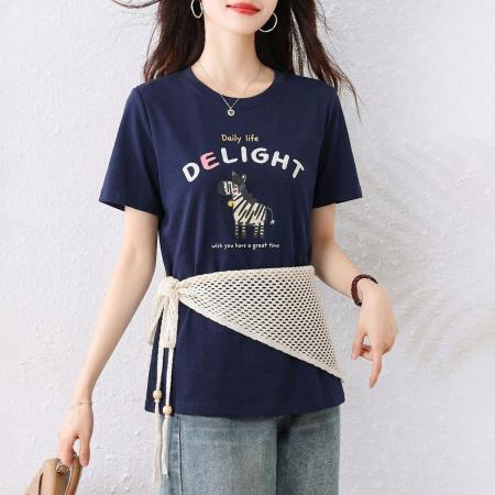 夏季新款韩版宽松百搭圆领小马印花配围脖竹节棉透气T恤上衣 服裝批發女裝批發服飾貨源