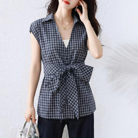 夏季新品格子短袖衬衣收腰系带显瘦遮肉减龄遮肉休闲衬衫 服裝批發女裝批發服飾貨源