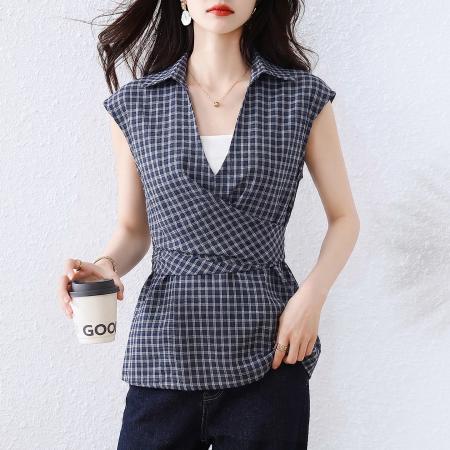 夏季新品格子短袖衬衣收腰系带显瘦遮肉减龄遮肉休闲衬衫 服裝批發女裝批發服飾貨源