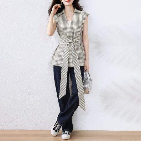 夏季新品格子短袖衬衣收腰系带显瘦遮肉减龄遮肉休闲衬衫 服裝批發女裝批發服飾貨源