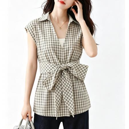 夏季新品格子短袖衬衣收腰系带显瘦遮肉减龄遮肉休闲衬衫 服裝批發女裝批發服飾貨源