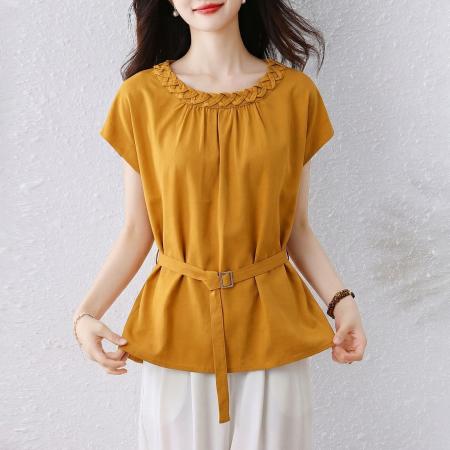 夏季新款胖MM简约圆领短袖上衣女收腰显瘦气质大码内搭衬衫 服裝批發女裝批發服飾貨源