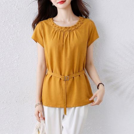 夏季新款胖MM简约圆领短袖上衣女收腰显瘦气质大码内搭衬衫 服裝批發女裝批發服飾貨源