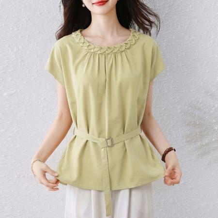 夏季新款胖MM简约圆领短袖上衣女收腰显瘦气质大码内搭衬衫 服裝批發女裝批發服飾貨源
