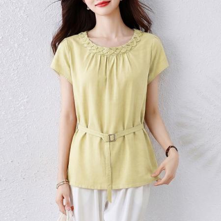 夏季新款胖MM简约圆领短袖上衣女收腰显瘦气质大码内搭衬衫 服裝批發女裝批發服飾貨源