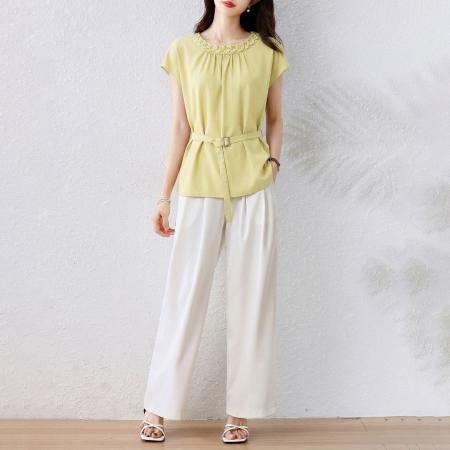 夏季新款胖MM简约圆领短袖上衣女收腰显瘦气质大码内搭衬衫 服裝批發女裝批發服飾貨源