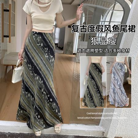 复古斜纹印花薄纱雪纺半身裙夏度假风裙子绝美包臀鱼尾长裙 服裝批發女裝批發服飾貨源